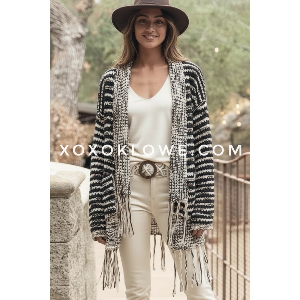 POL Brown Tan Striped Cardigan | Oversized Knit with Tassel Fringe